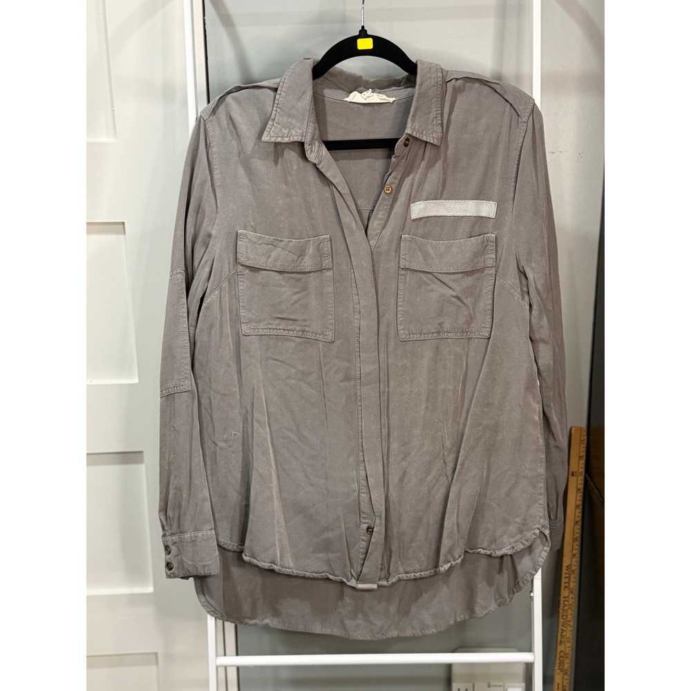 Sweet Wanderer Gray Utility Button Down Shirt Long Sleeve Rayon Large Goblincore
